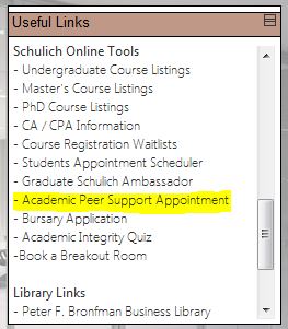screenshot of Academic Peer Support booking link in the MySchulich Student Portal